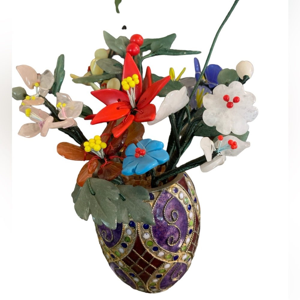 Jade Tree With Flowers & Butterfly in a Cloisonne Enamel Vase Pot - Picture 3 of 3